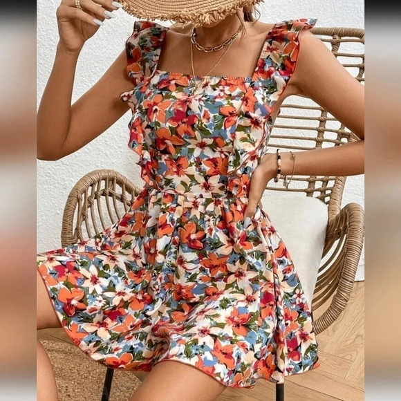 Frenchy Women Bow Backless Back Tie Leaf Edge Vacation Printed Red Summer - Picture 4 of 4